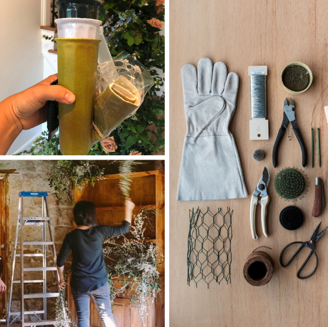 Amy Balsters, The Floral Coach®, Bring out the ladders! When working on installations, thinking out of the box is necessary. Chicken wire is a go-to, but don’t forget items like these funeral/memorial cones as a water source.